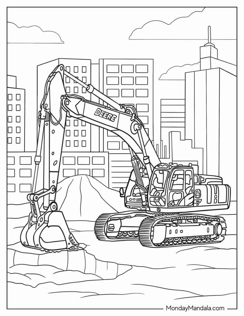 John Deere Excavator In The City Coloring In coloring page