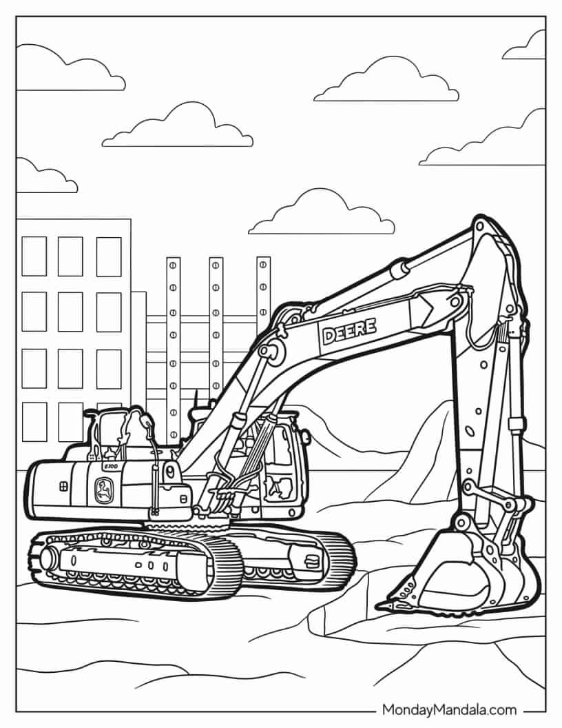 John Deere Excavator In The City To Color coloring page