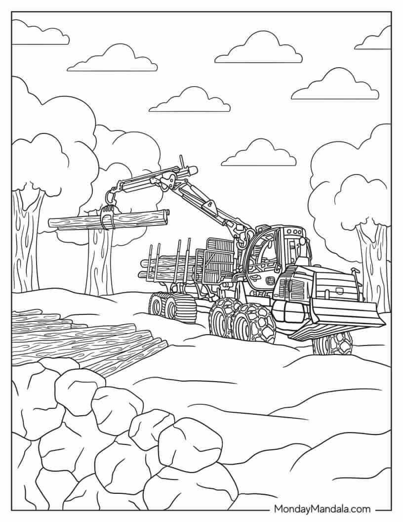 John Deere Forwarder Lifting Log coloring page