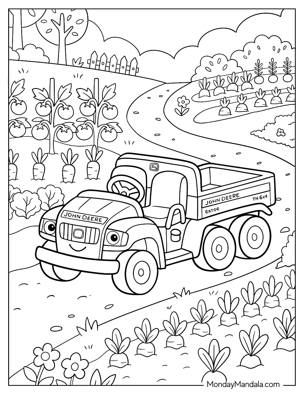 John Deere Gator Hauling Farm Produce Coloring Sheet coloring page