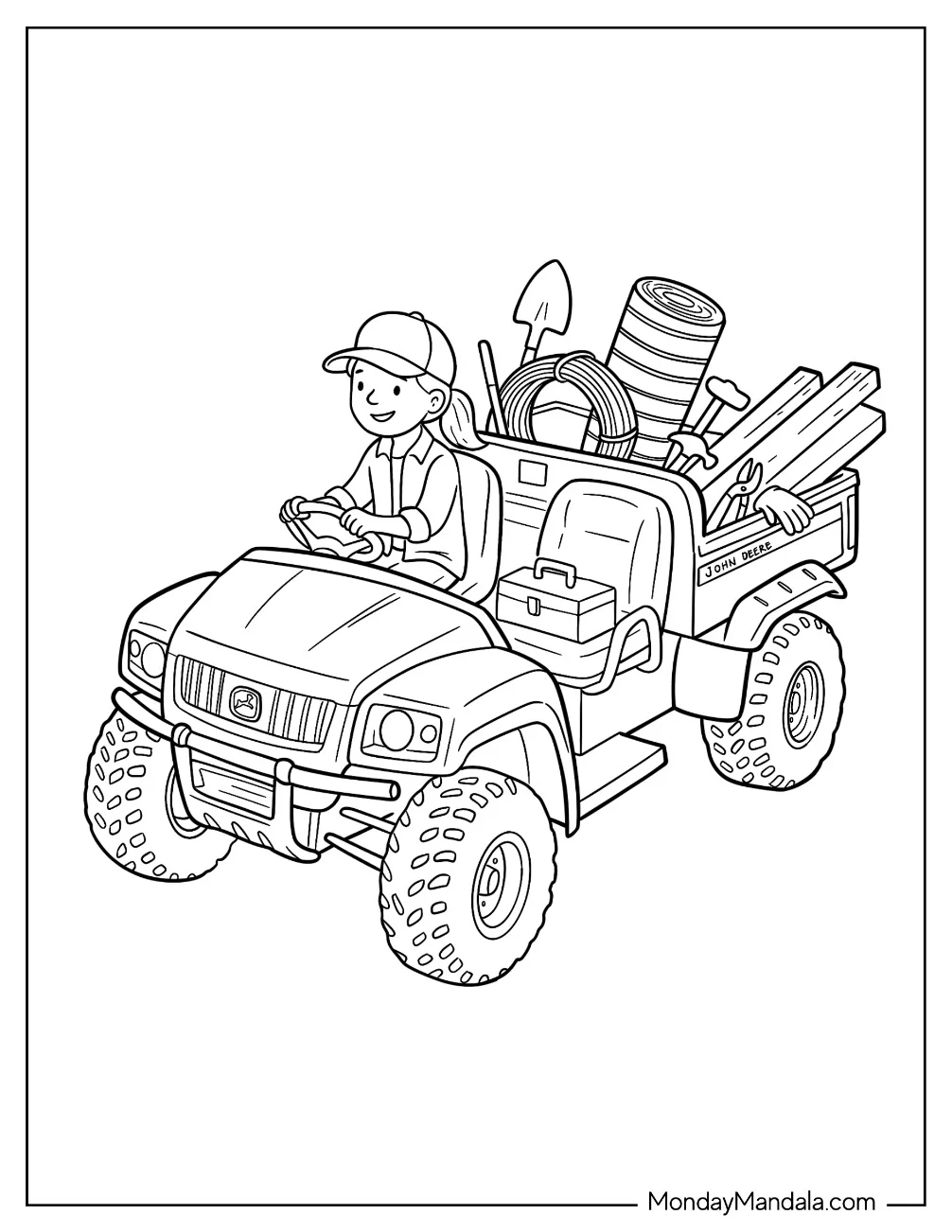 John Deere Gator Utility Vehicle Carrying Farm Tools Coloring Sheet for Kids coloring page