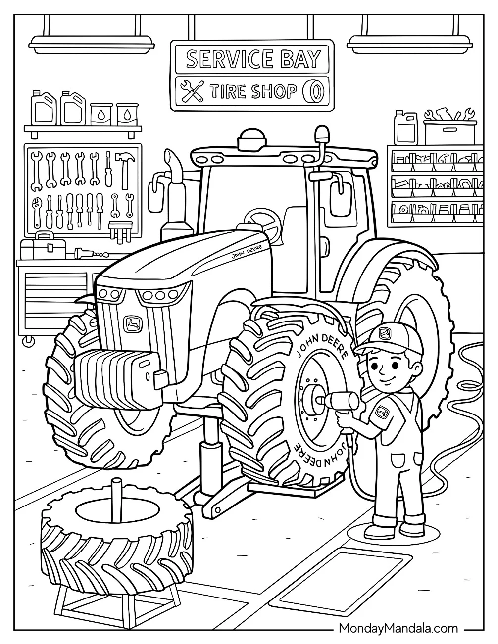 John Deere in a Farm Service Bay Coloring Page coloring page