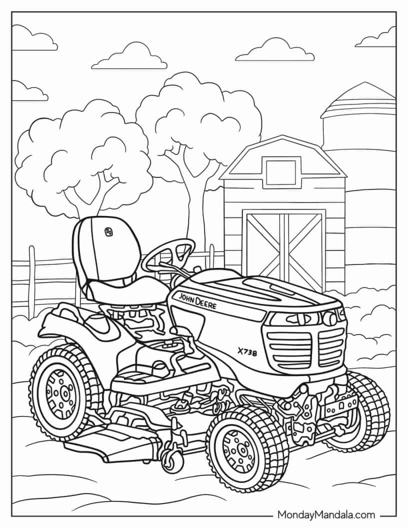 John Deere Lawn Tractor In Front Of Barn coloring page