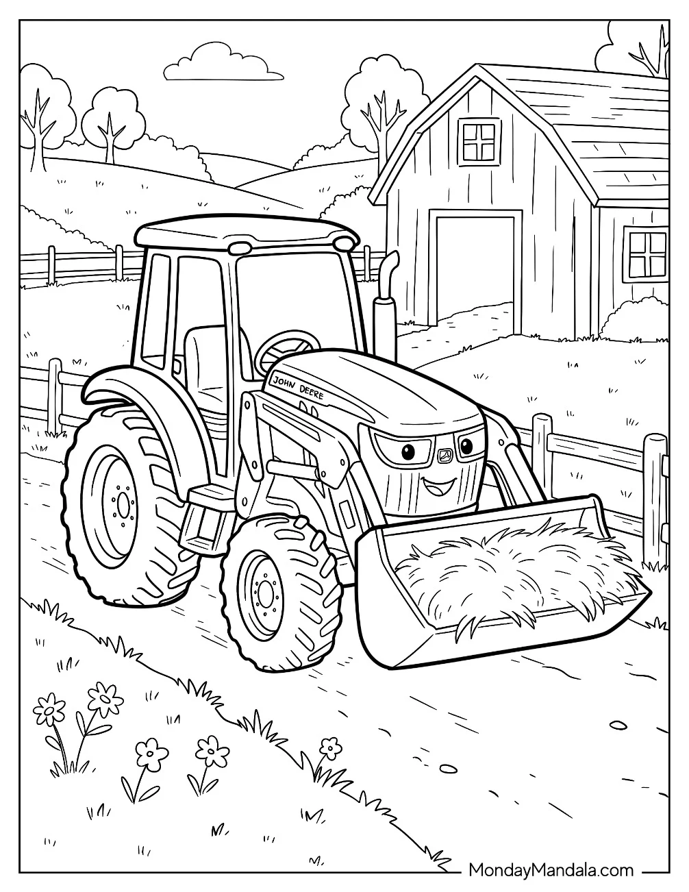 John Deere Tractor Carrying Hay with a Front Loader Coloring Page coloring page