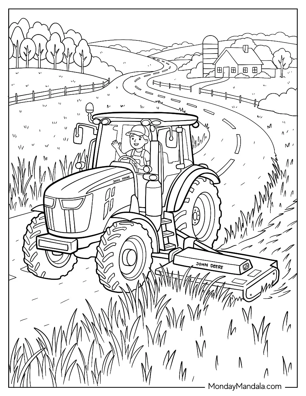 John Deere Tractor Mowing Grass Along a Scenic Country Road Coloring Page coloring page