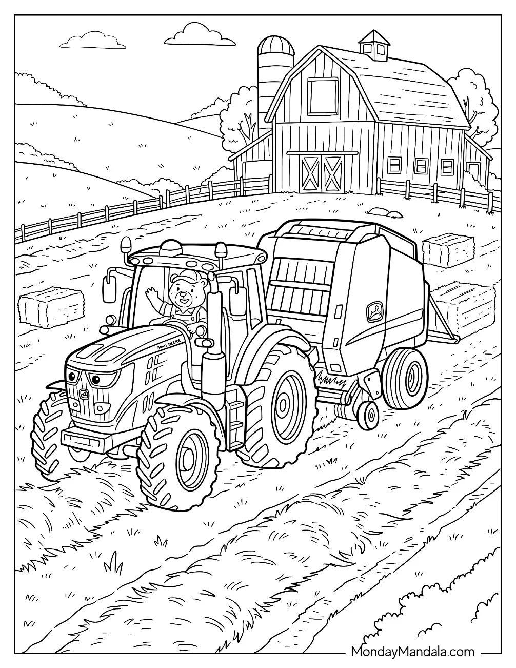 John Deere Tractor Pulling a Hay Baler Coloring Sheet coloring page