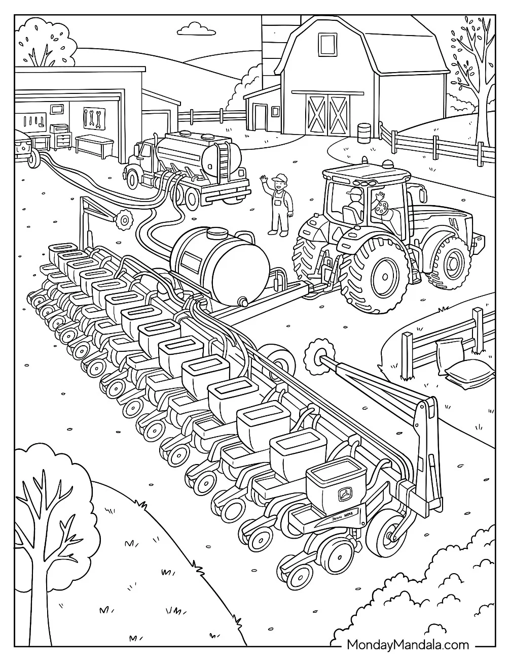 John Deere Tractor Pulling a Precision Row Crop Planter Coloring Page coloring page