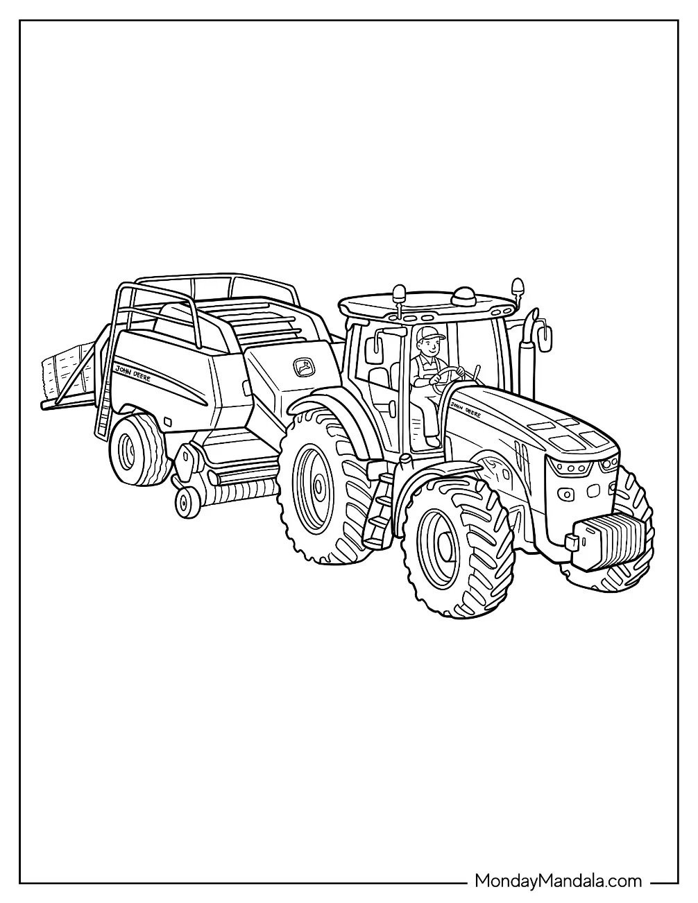 John Deere Tractor Pulling a Round Baler Coloring Page coloring page