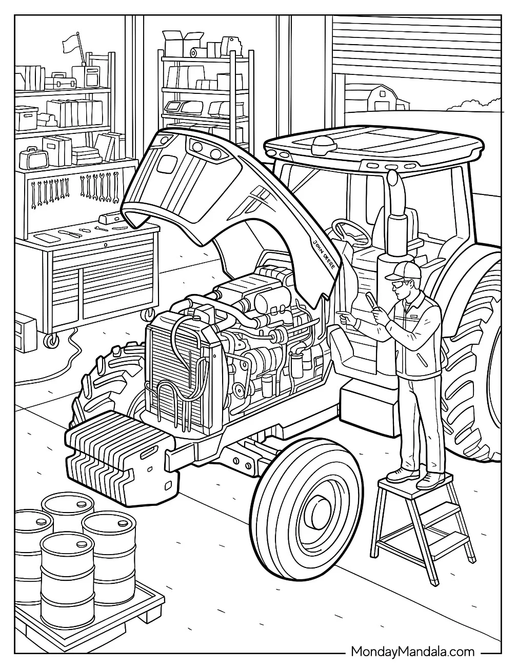John Deere Tractor Undergoing Engine Maintenance coloring page
