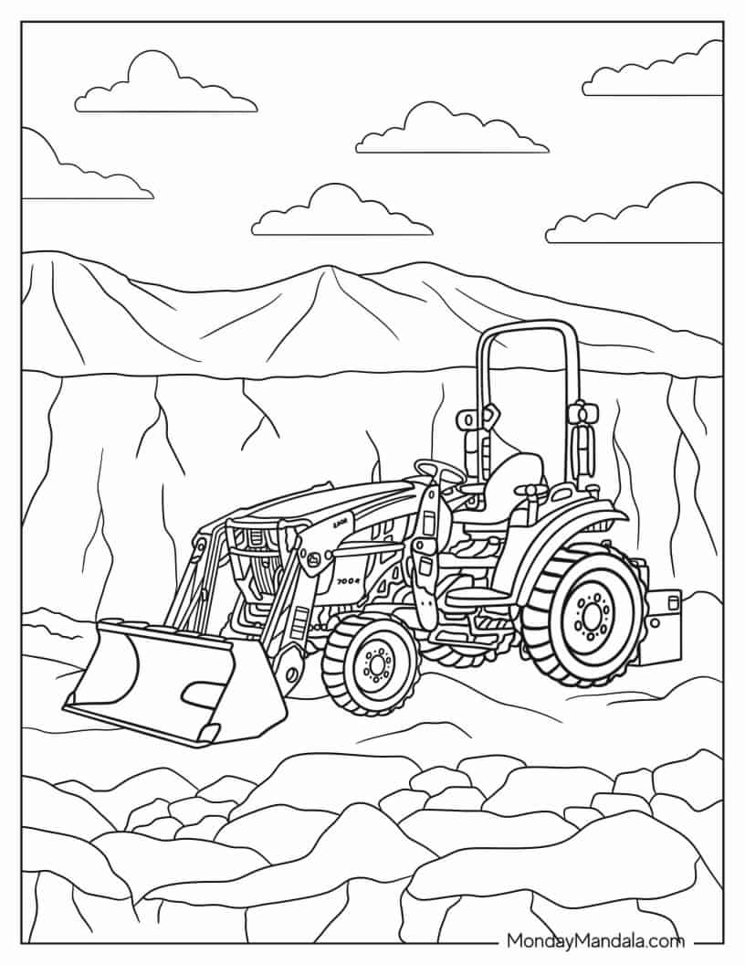 John Deere Tractor With Loader On Rocky Terrain coloring page