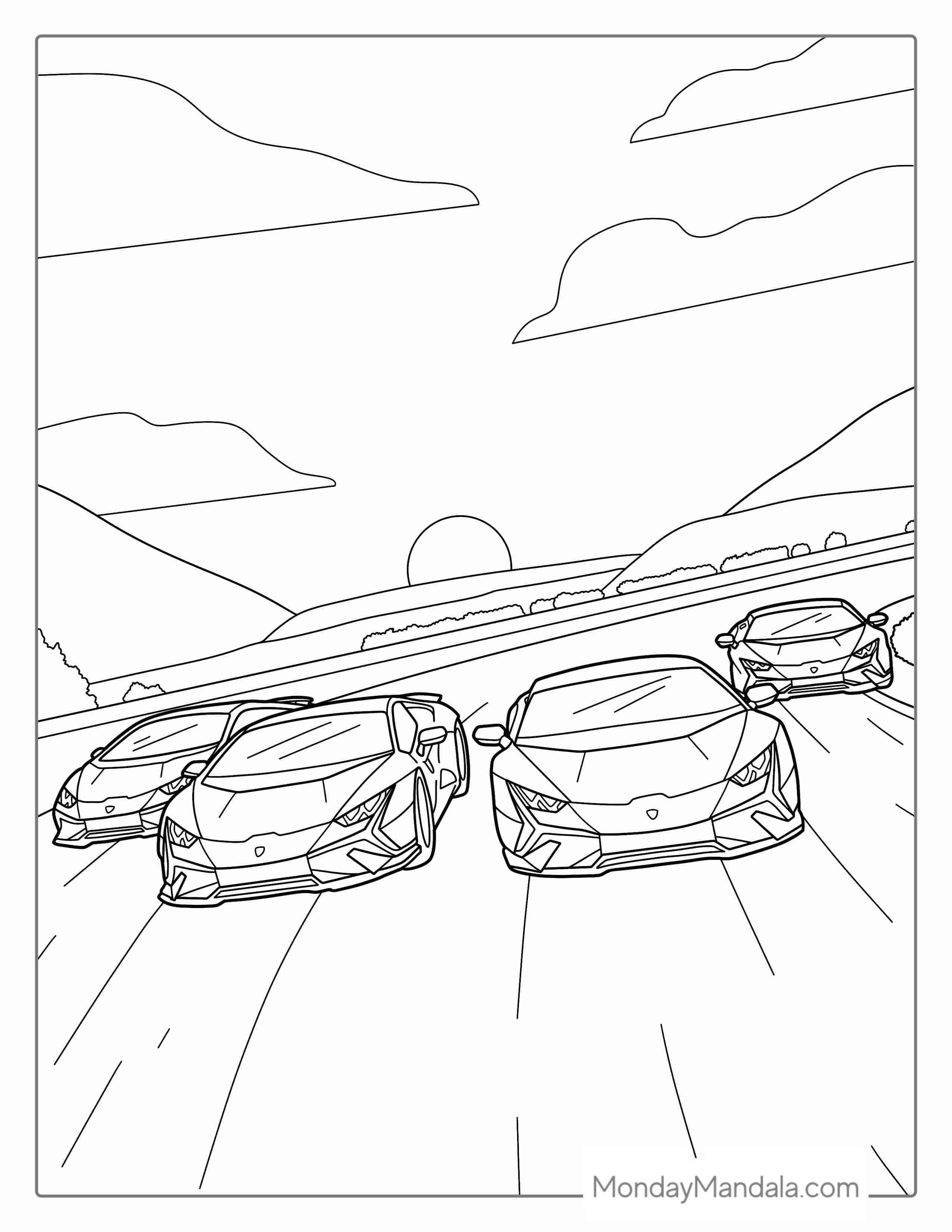 Four Lamborghini Cars On Race Track Coloring Sheet coloring page