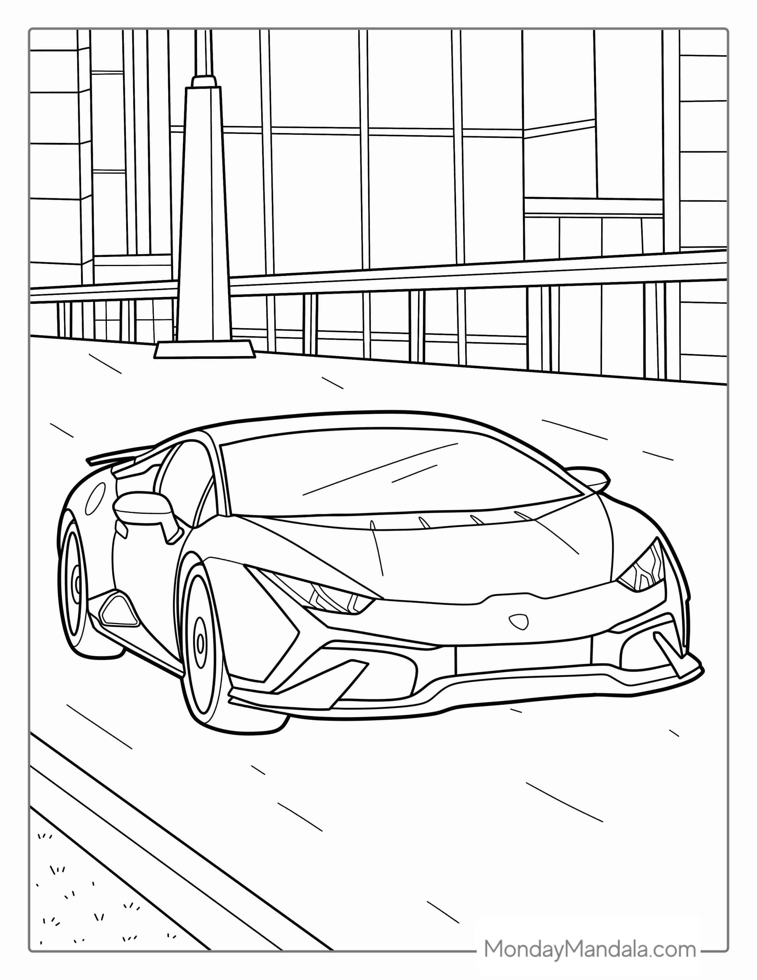 Lamborghini Driving In The City To Color coloring page