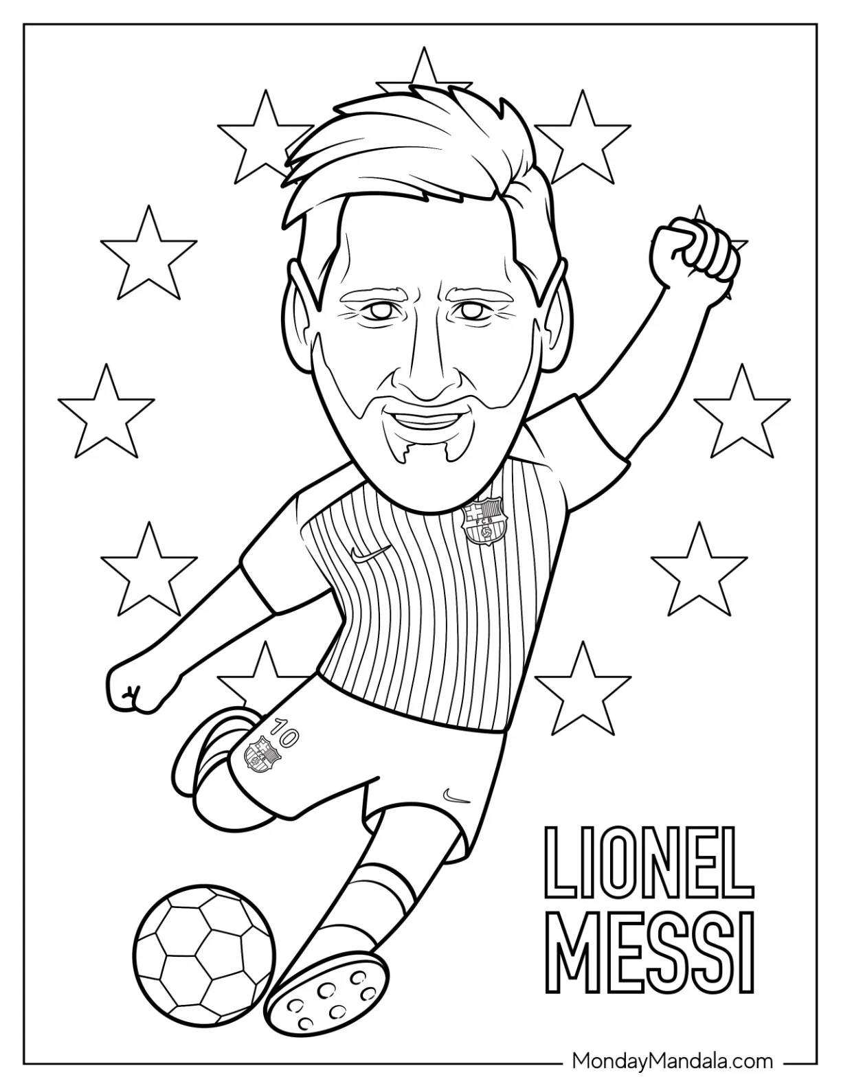 Easy Cartoon Lionel Lionel Messi Coloring Page Kicking Soccer Ball for Kids coloring page — printable line art