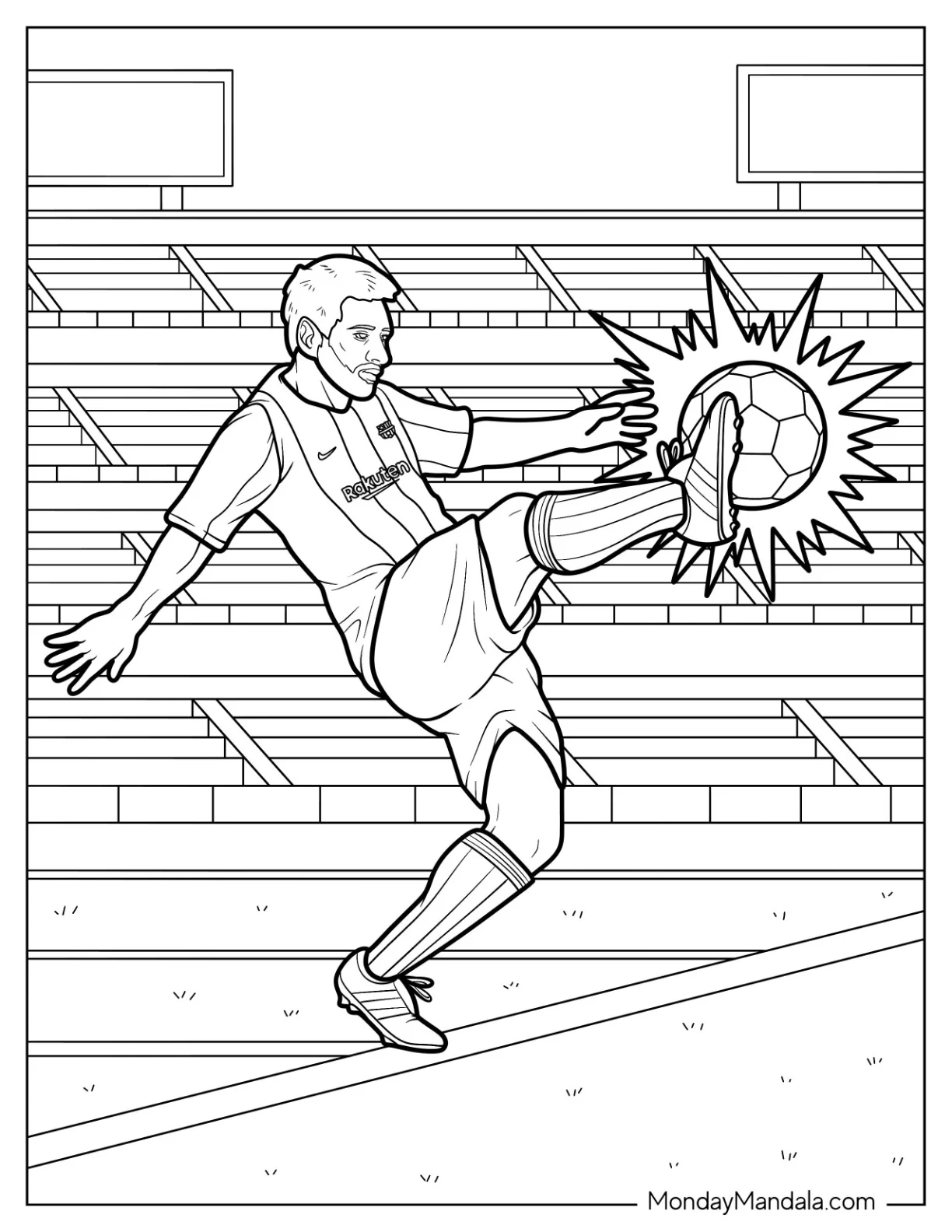 Explosive Lionel Messi Coloring Page Goal Kick for Adults coloring page