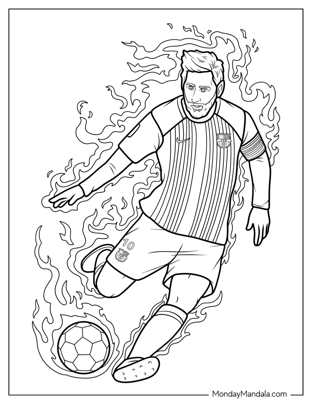 Lionel Lionel Messi Coloring Page on Fire Kicking Soccer Ball coloring page