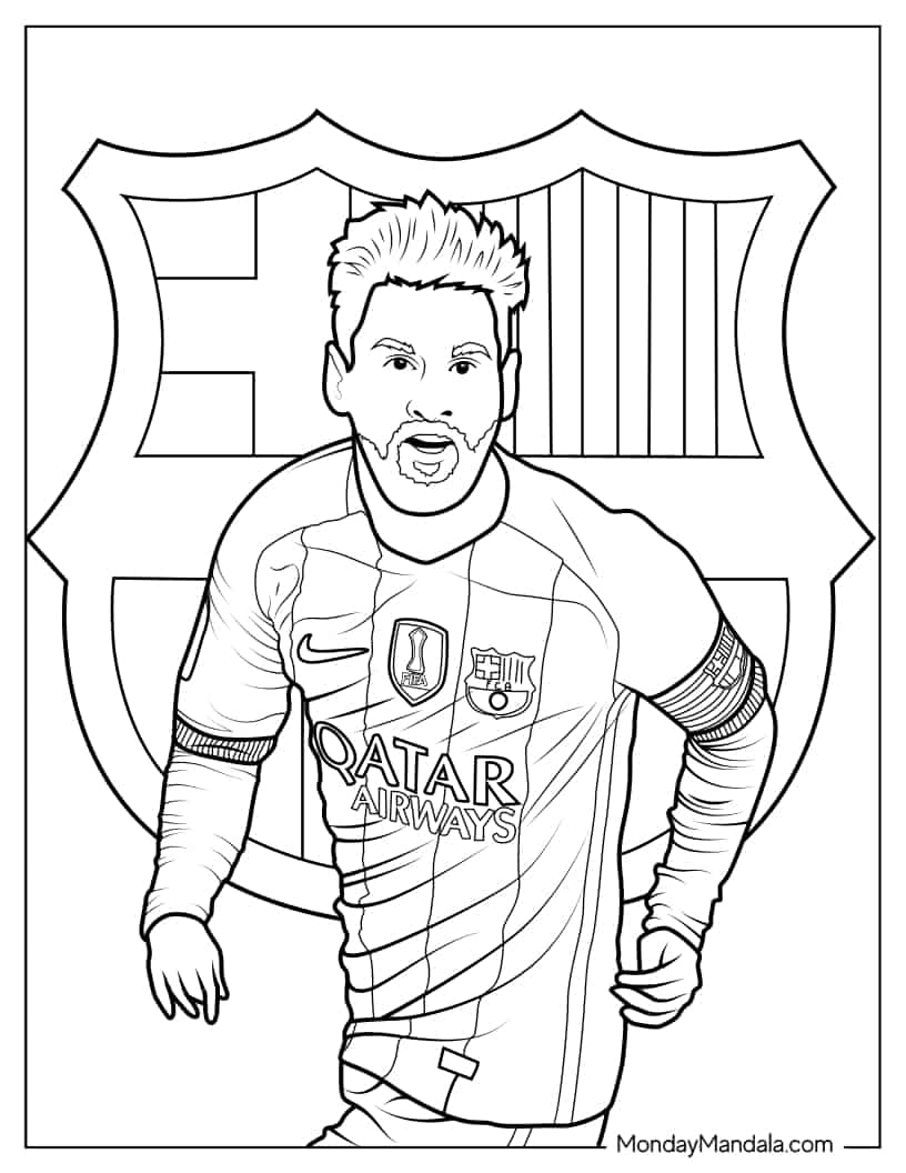 Lionel Messi In Front Of FC Barcelona Logo coloring page
