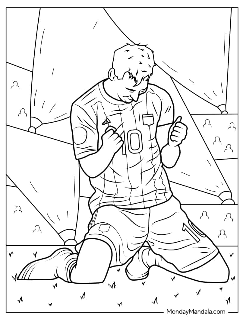 Lionel Messi On His Knees Celebrating Coloring Page coloring page