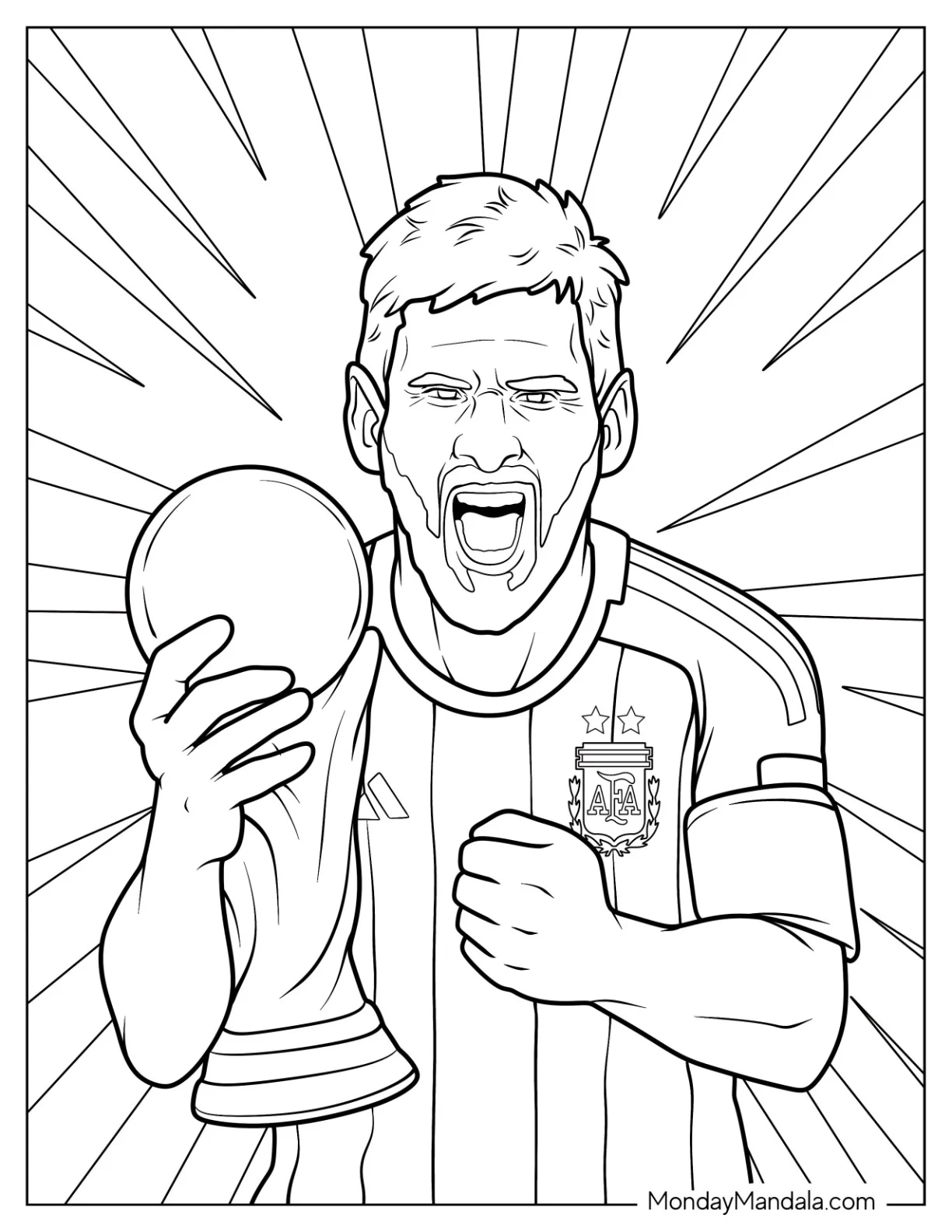 Realistic Lionel Lionel Messi Coloring Page Lifting World Cup Trophy coloring page — printable line art