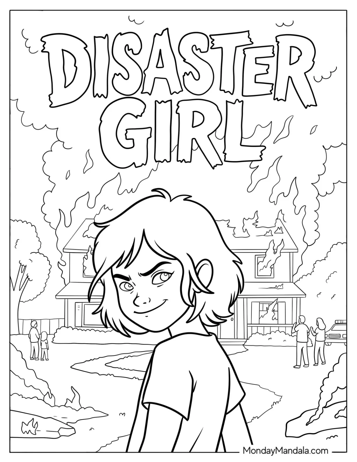 Disaster Girl Smiling in Front of a Burning House Coloring Page coloring page