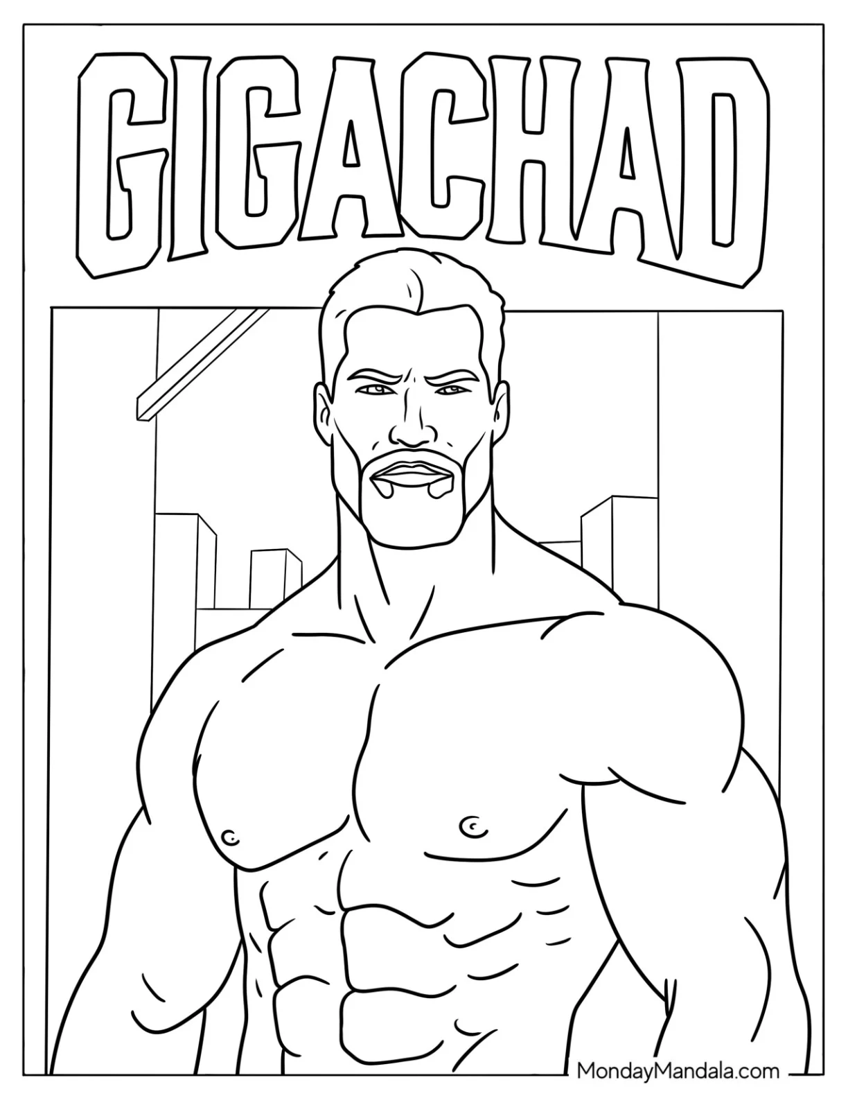 Gigachad Meme Flexing in Front of City Buildings coloring page