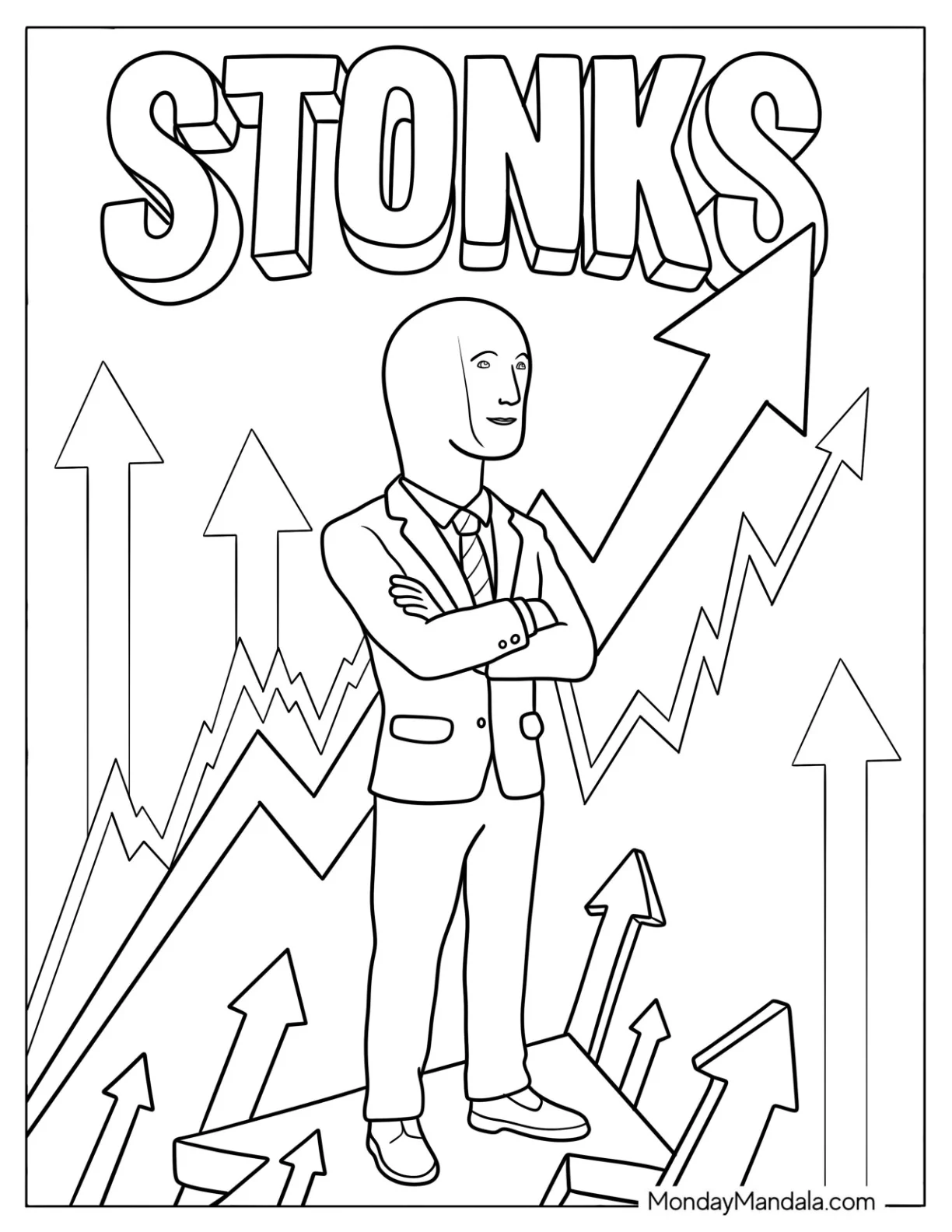 Stonks Meme Standing with Rising Arrows Coloring Sheet for Kids coloring page