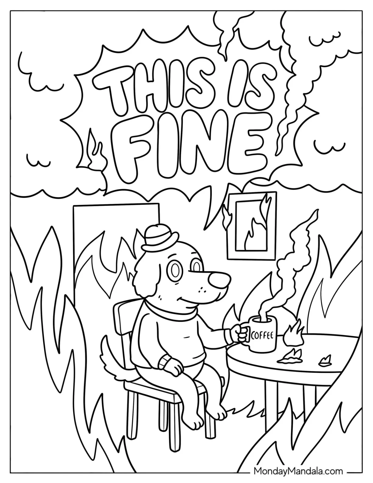 This Is Fine Dog Drinking Coffee in a Burning Room Coloring Sheet coloring page