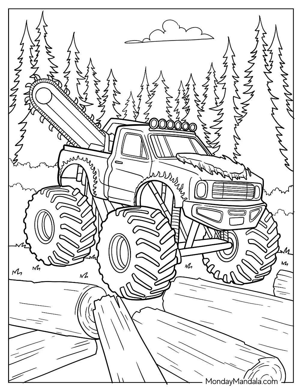 Cool Monster Truck Coloring Page With Chainsaw In The Forest coloring page