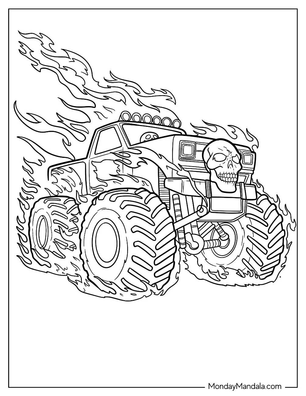 Flaming Monster Truck Coloring Page With Skull coloring page