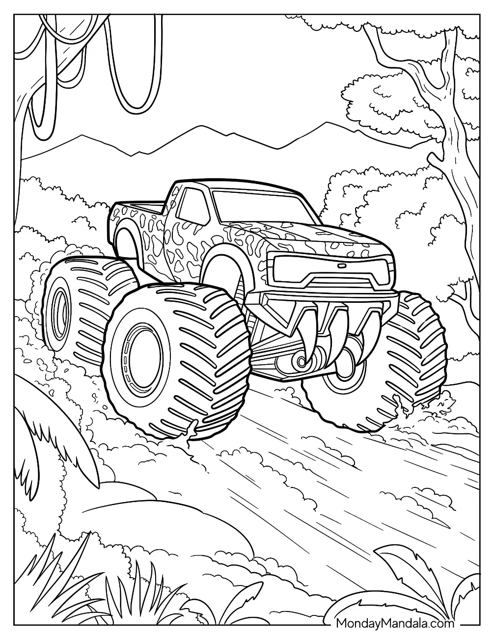 Jaguar Printed Monster Truck Coloring Page On Rocky Terrain coloring page