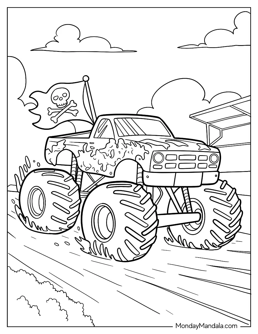 Large Monster Truck Coloring Page With A Pirate Flag coloring page