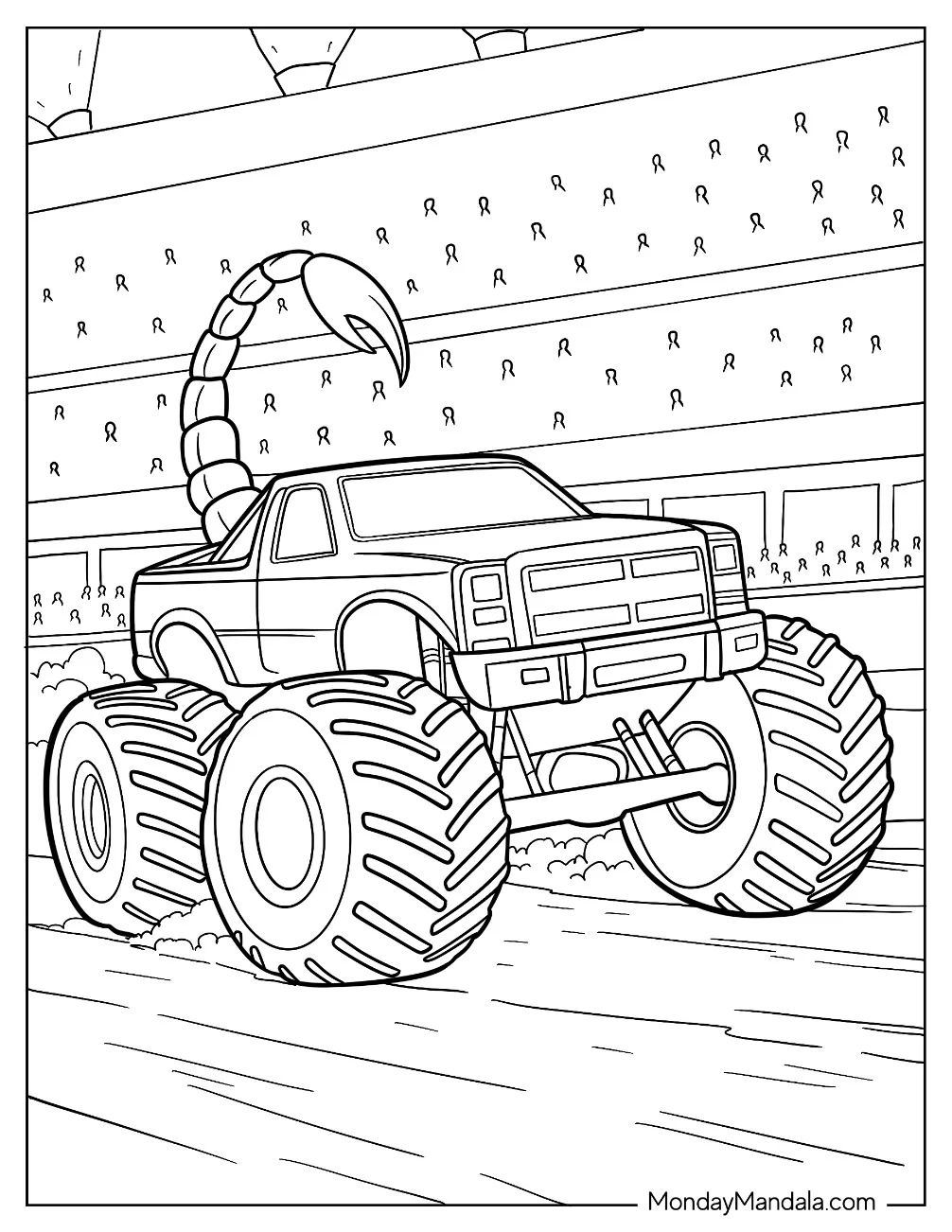 Massive Monster Truck Coloring Page With Scorpion Tail coloring page