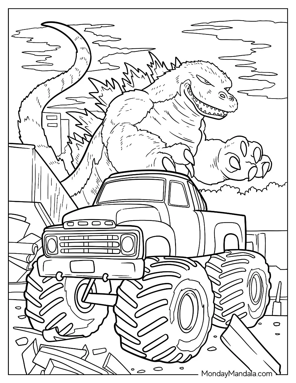 Monster Truck Coloring Page Driving Away From Godzilla coloring page