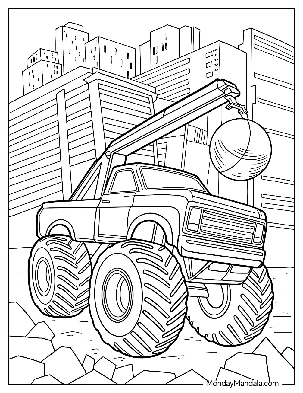 Monster Truck Coloring Page With A Wrecking Ball coloring page