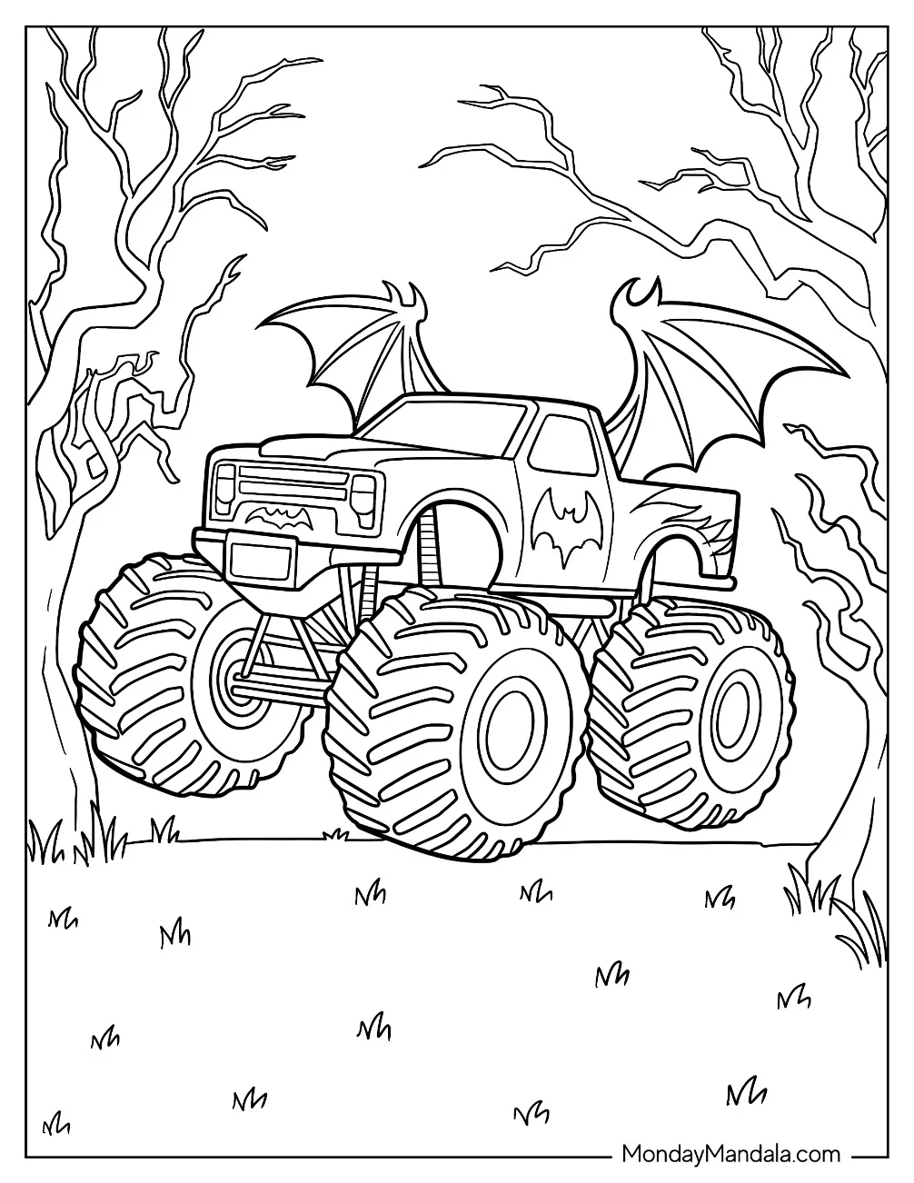 Monster Truck Coloring Page With Bat Wings In Haunted Forest coloring page