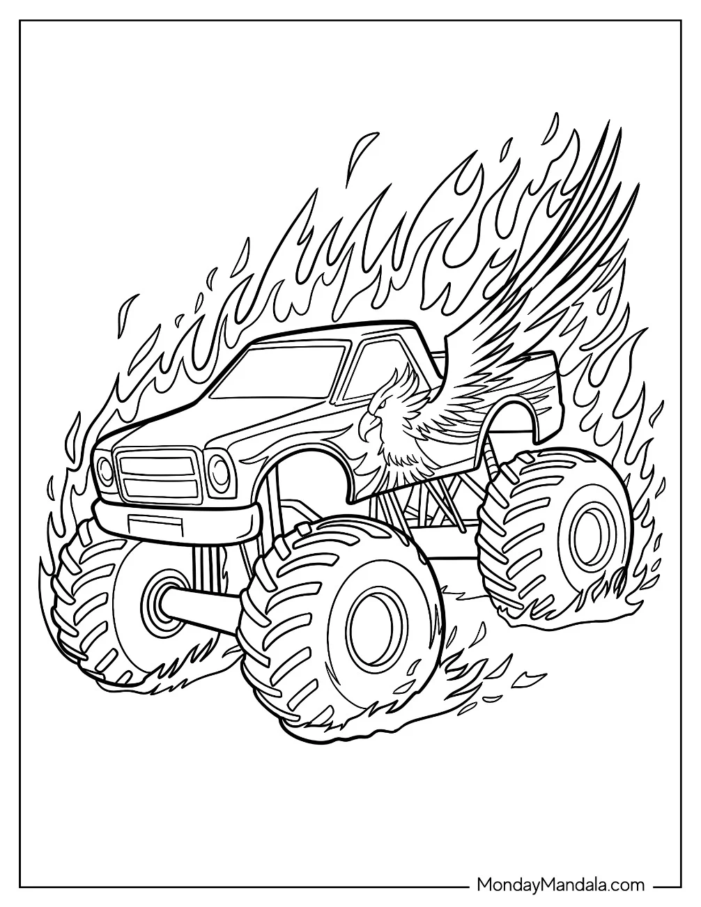 Monster Truck Coloring Page With Eagle Wing On Fire coloring page