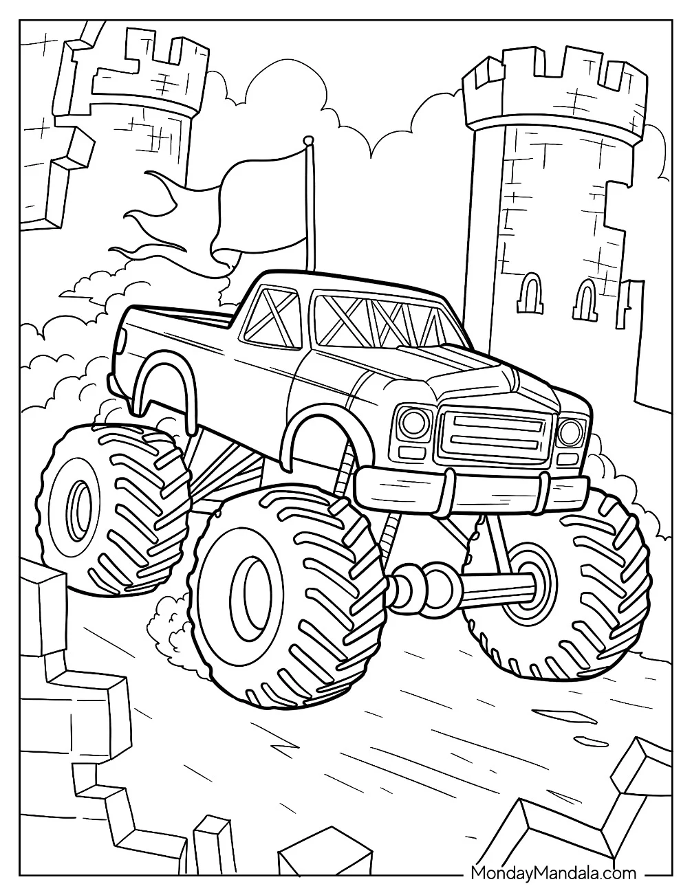 Monster Truck Coloring Page With Flag Speeding Downhill With Castle Background coloring page