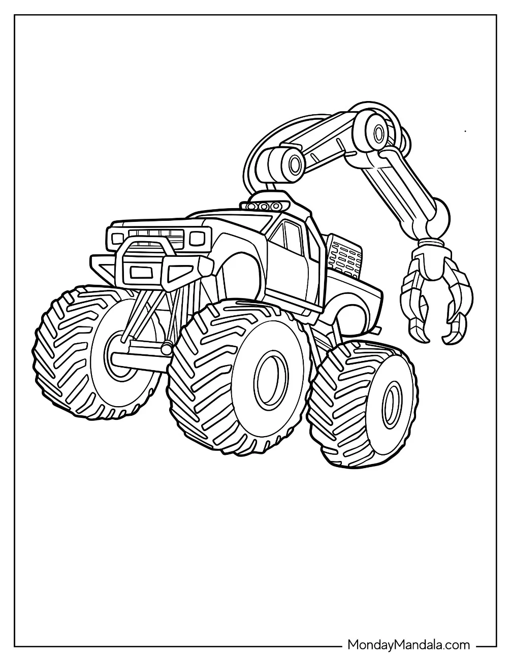 Realistic Monster Truck Coloring Page With Excavator Claw coloring page