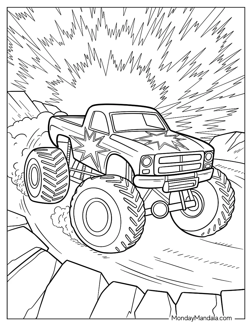 Speeding Monster Truck Coloring Page With Swirls Of Dust coloring page