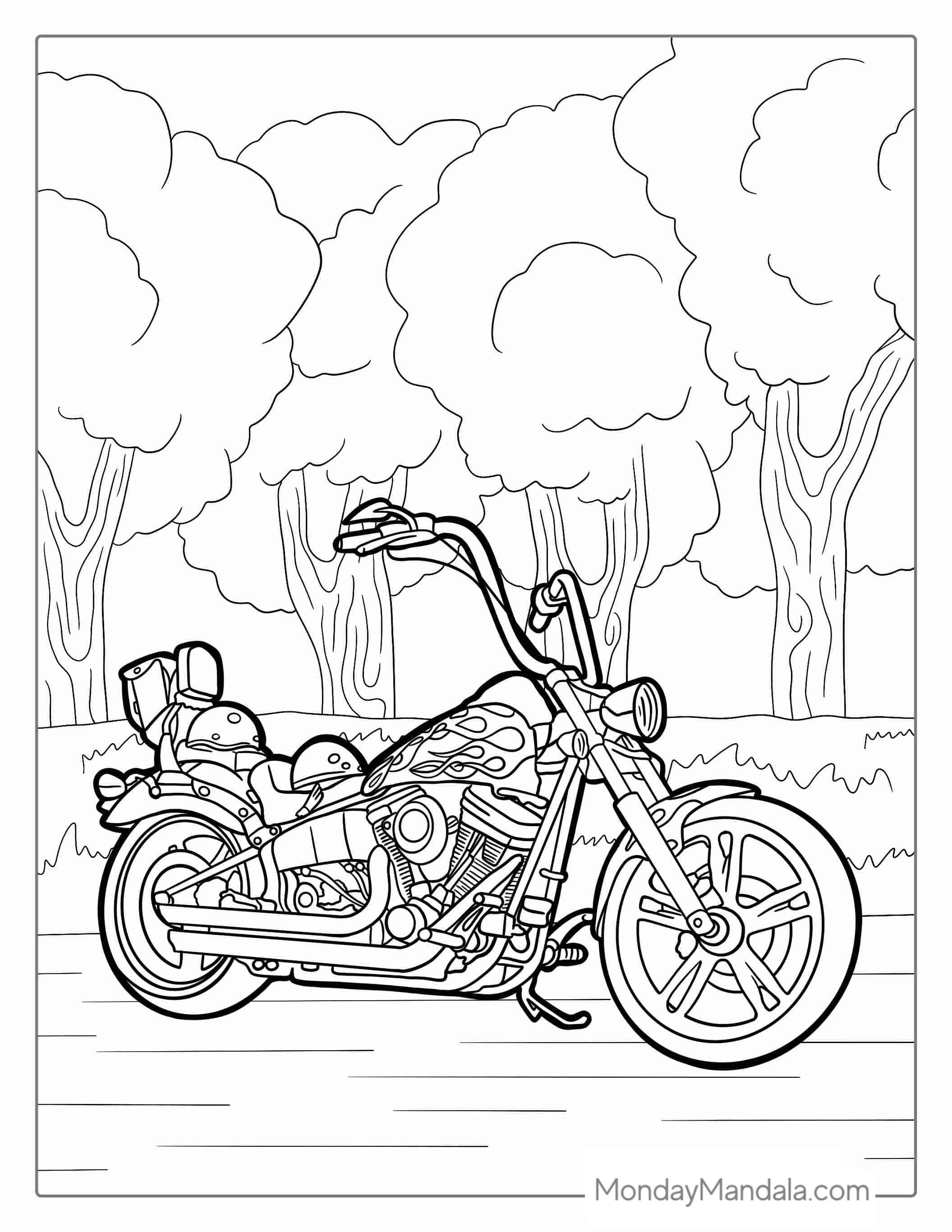 Coloring Sheet Of Harley Davidson Motorcycle With Flames coloring page