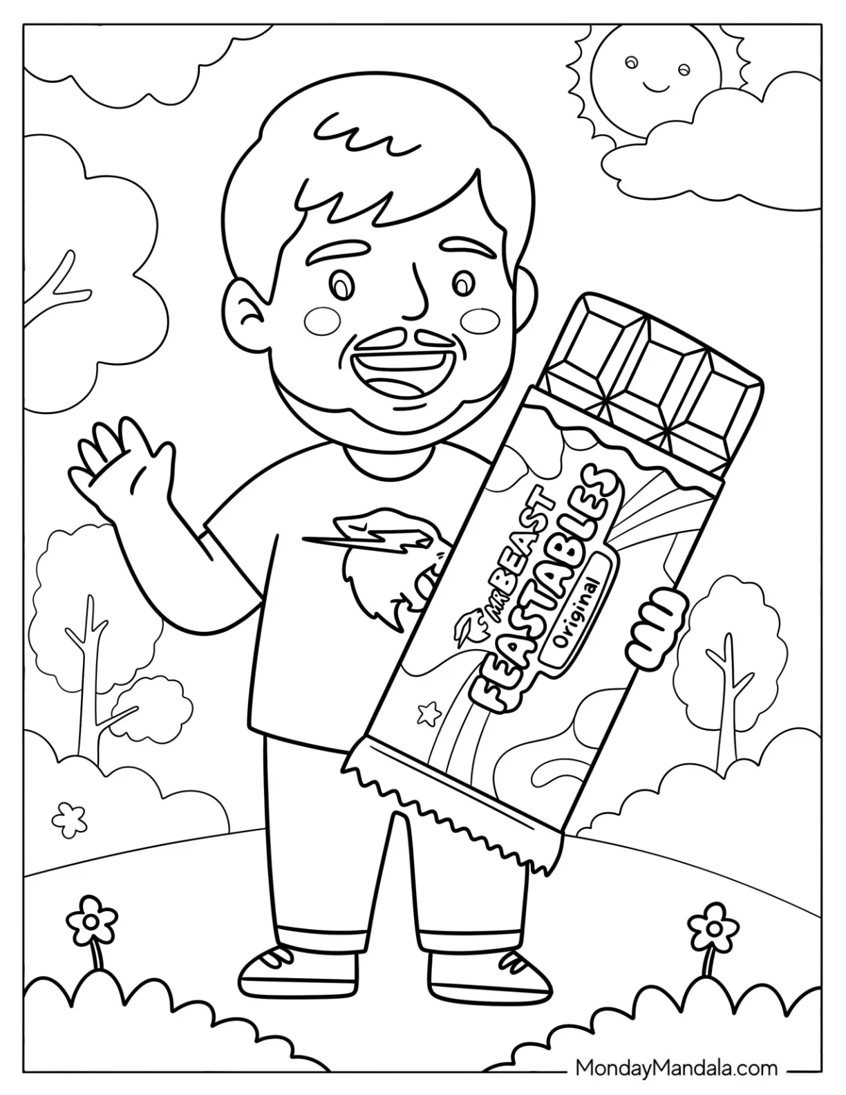 Chibi MrBeast Holding a Feastables Chocolate Bar Coloring Page for Kids coloring page — printable line art
