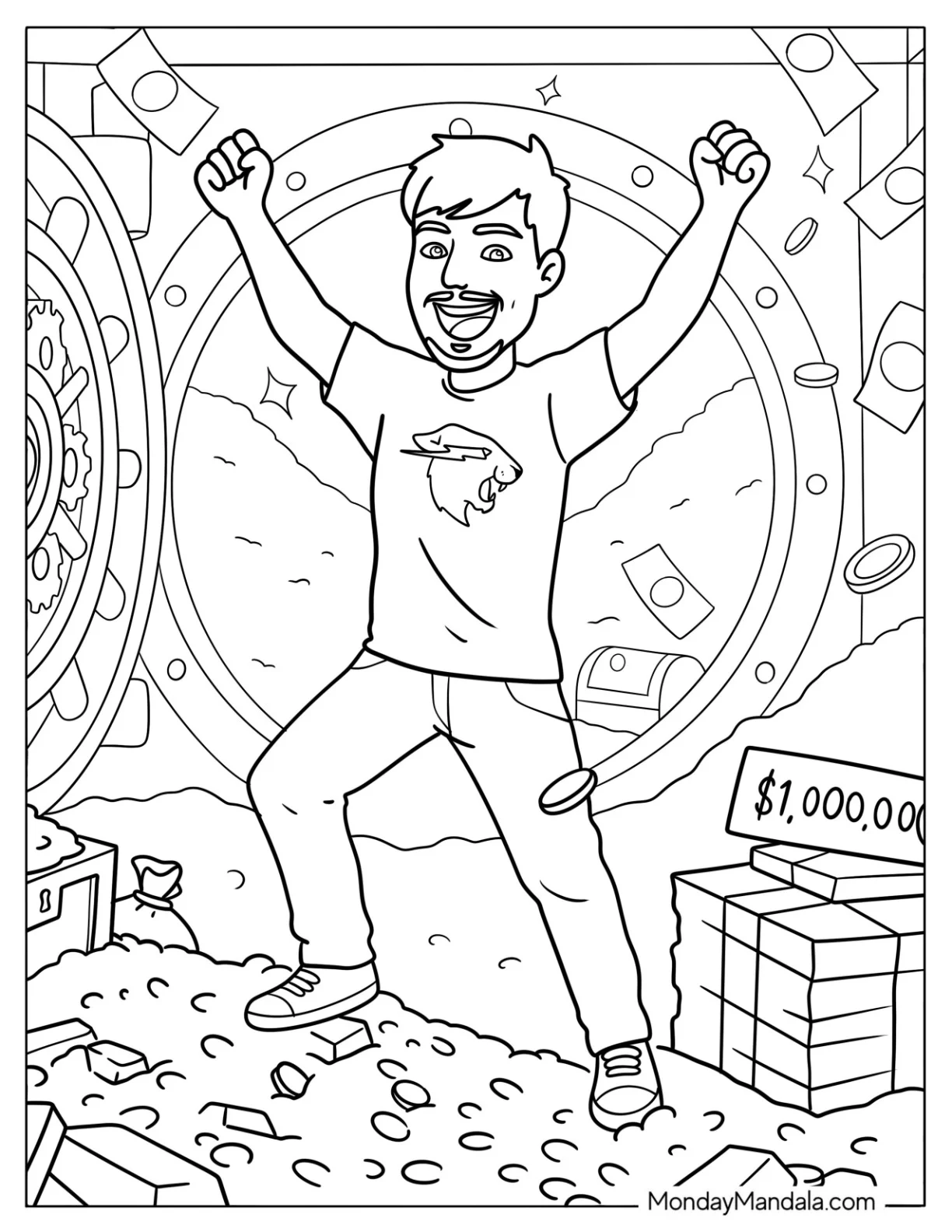 Cute MrBeast Celebrating Inside a Money Vault Coloring Page for Kids coloring page