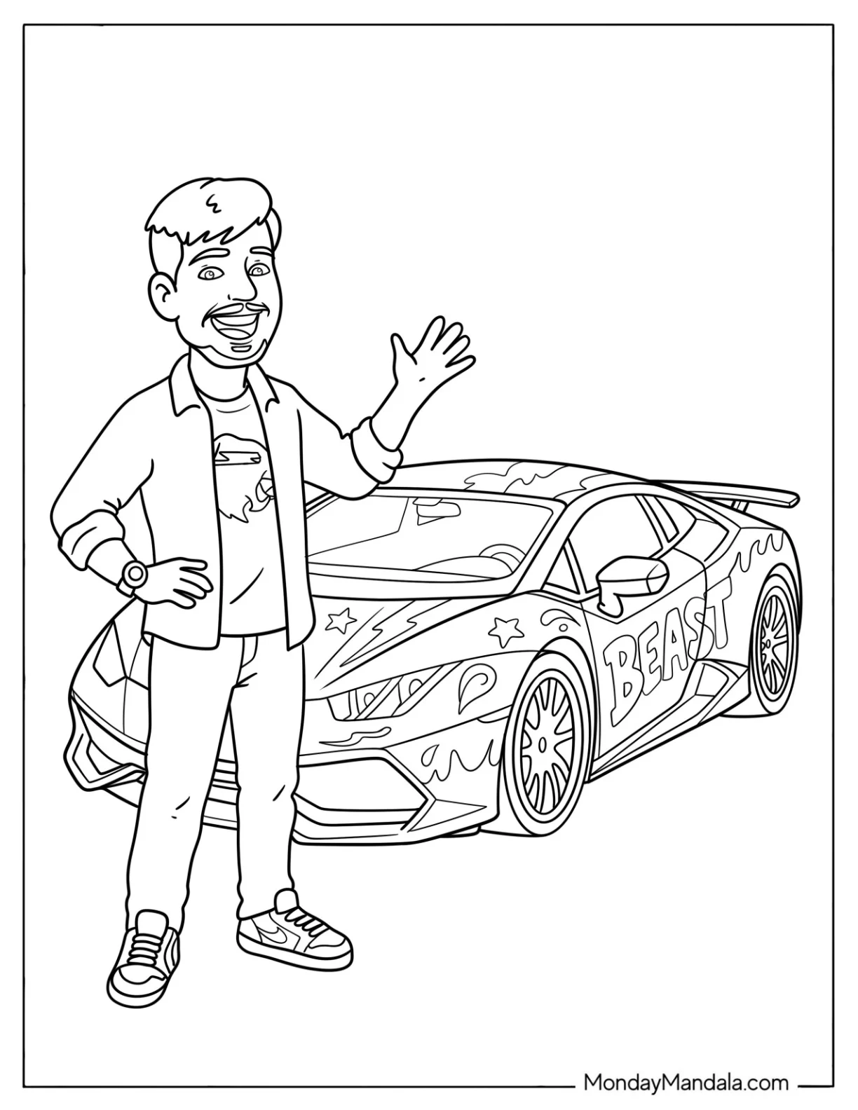 Easy MrBeast Waving Beside a Sports Car Coloring Page for Kids coloring page