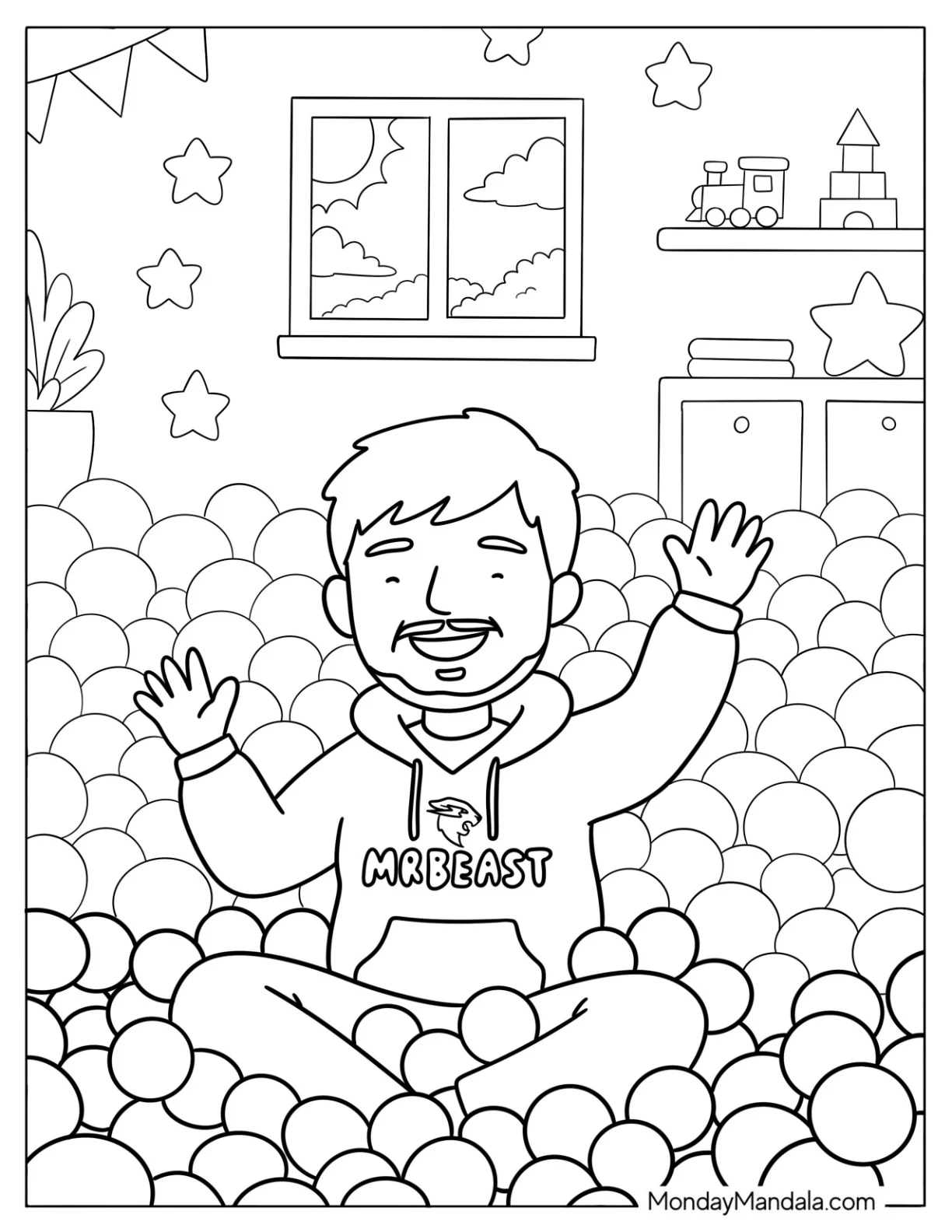 Kawaii MrBeast Sitting in a Ball Pit Coloring Page for Kids coloring page — printable line art