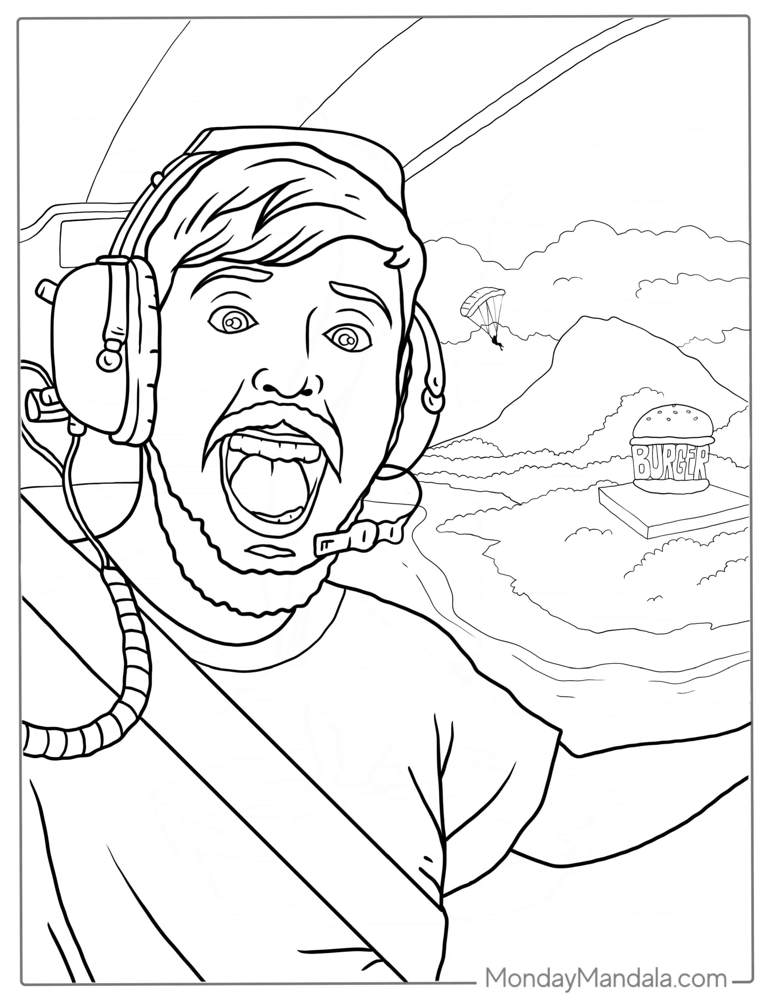 Mr Beast Flying Over Island To Color coloring page — printable line art