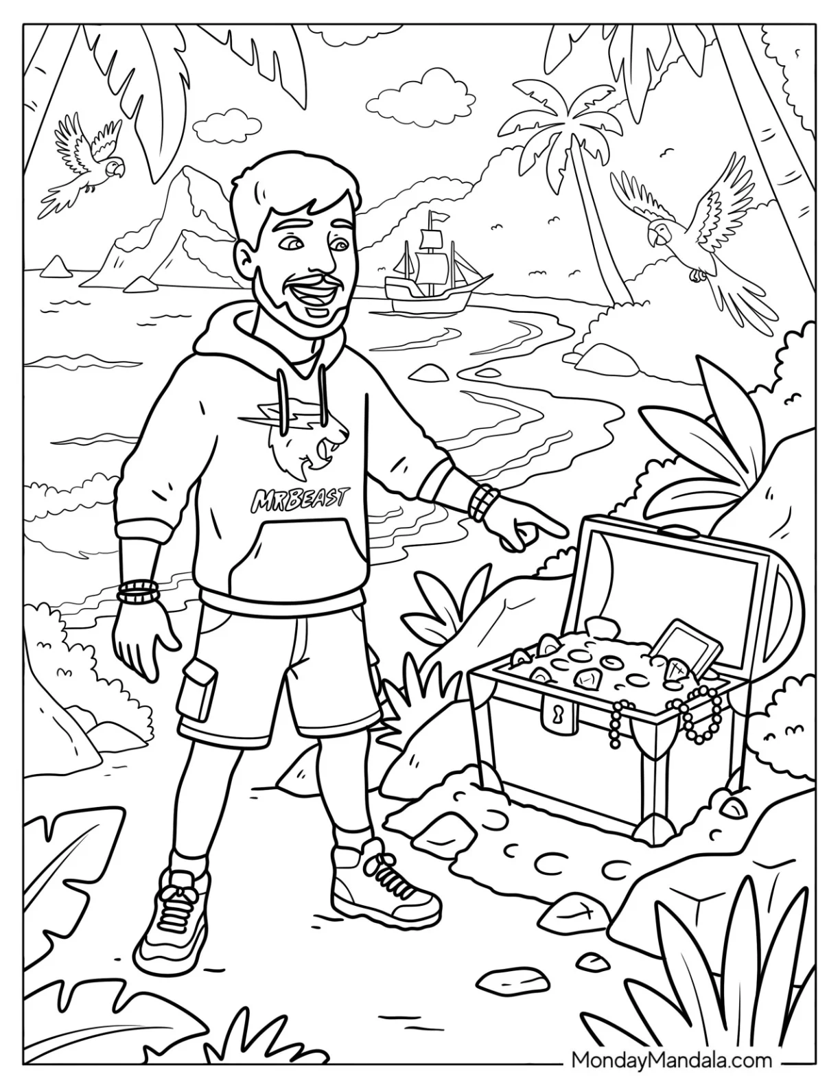 MrBeast Discovering Treasure on a Tropical Island coloring page — printable line art