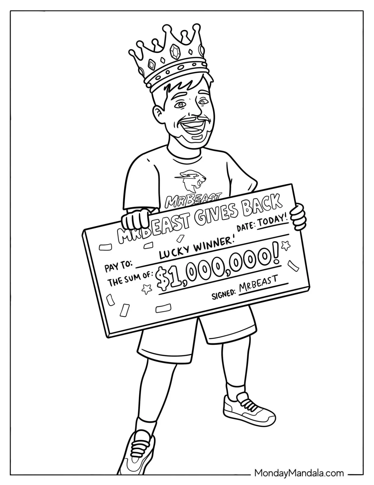 MrBeast Holding a Giant Giveaway Check Coloring Sheet coloring page — printable line art