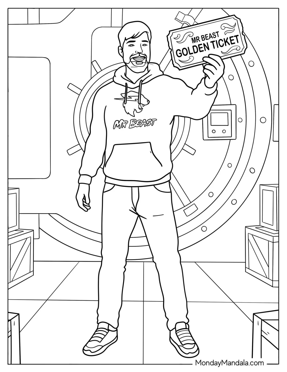 MrBeast Holding a Golden Ticket in a Vault coloring page