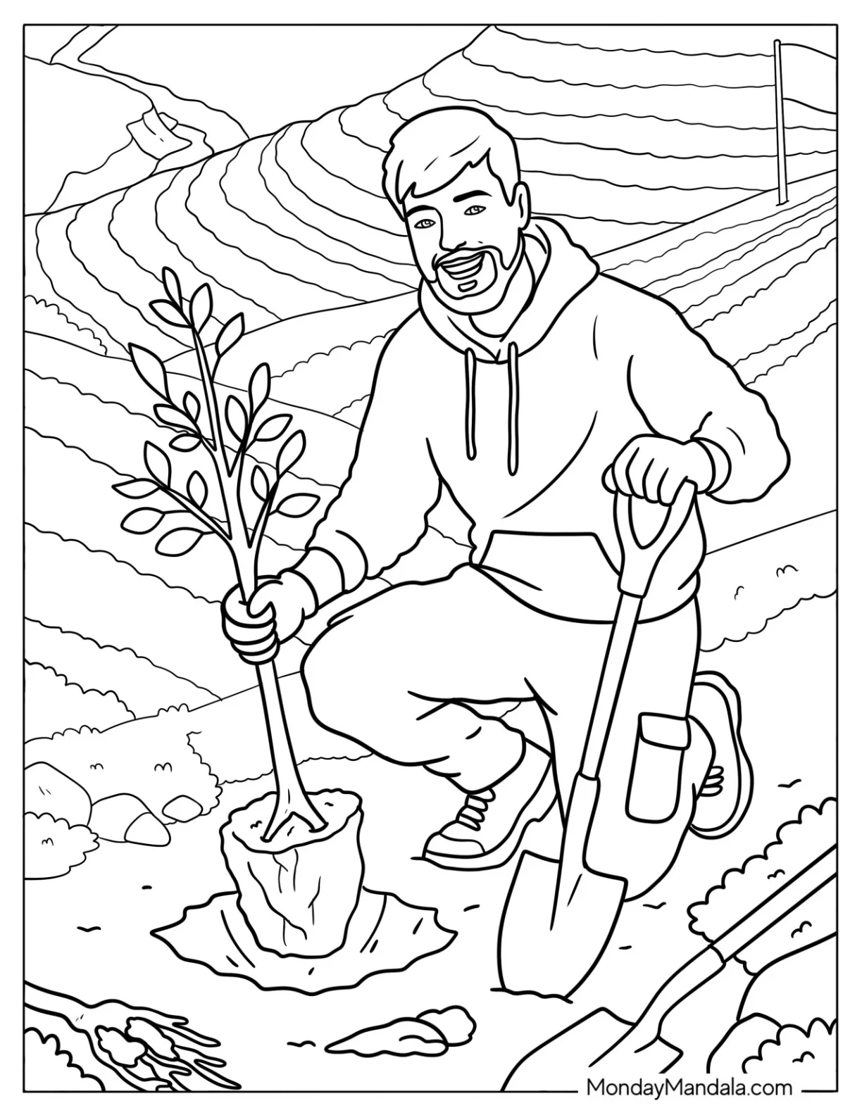 MrBeast Planting a Tree in a Field Coloring Page coloring page