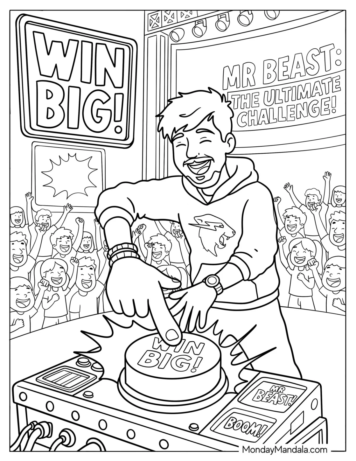MrBeast Pressing a Win Big Challenge Button Coloring Page for Kids coloring page