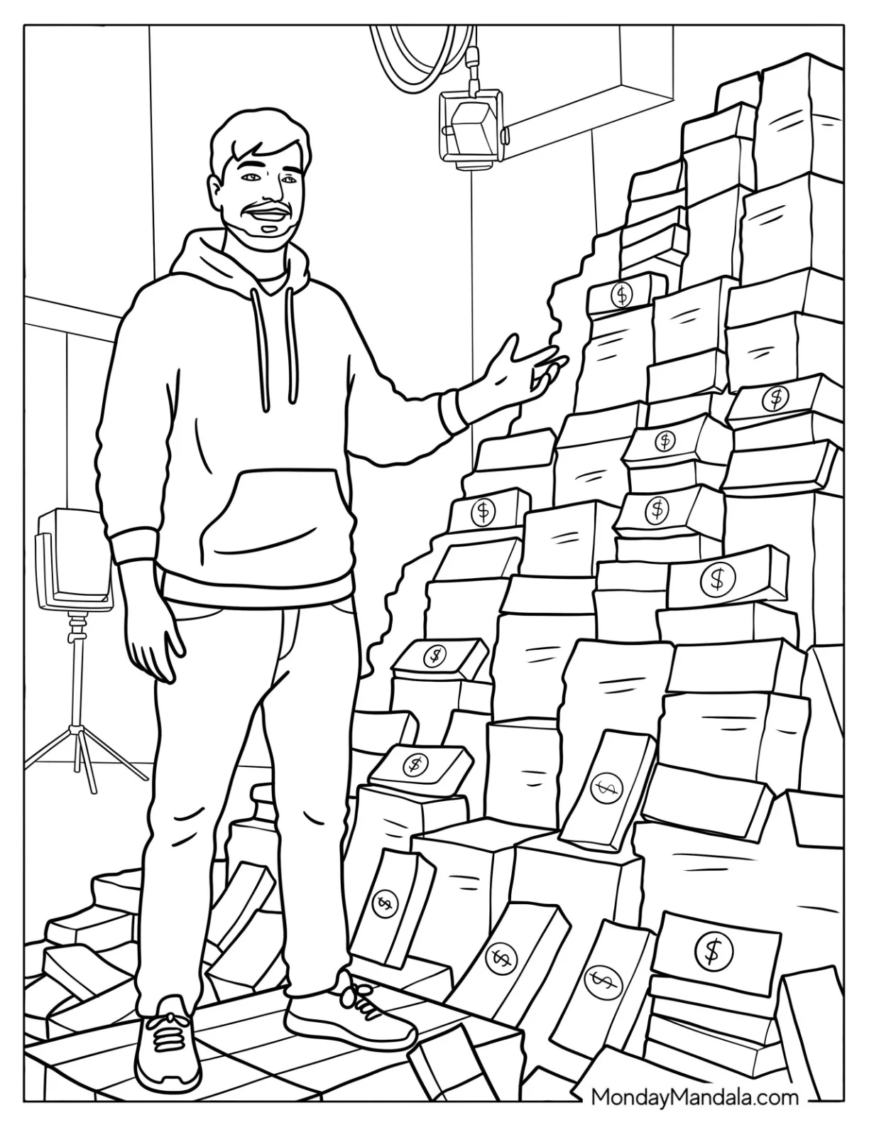 MrBeast Standing Beside Stacks of Cash Coloring Sheet coloring page